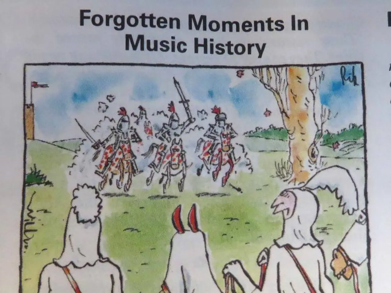 As we can see in the image there is a paper. On paper there is grass, horses, few people siting on...