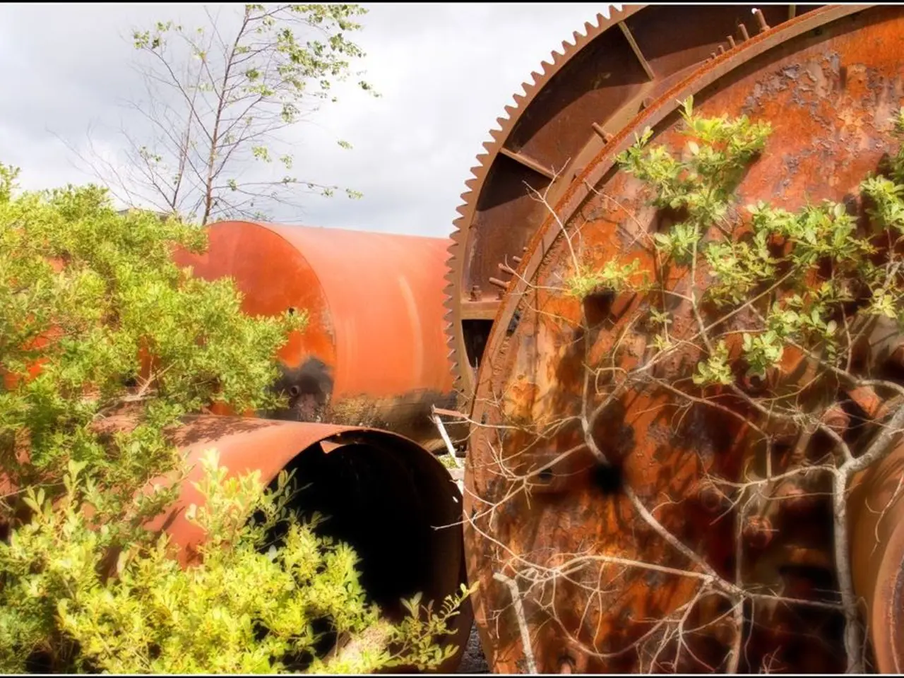 This picture shows a metal tank and few metals and we see trees and a cloudy sky.