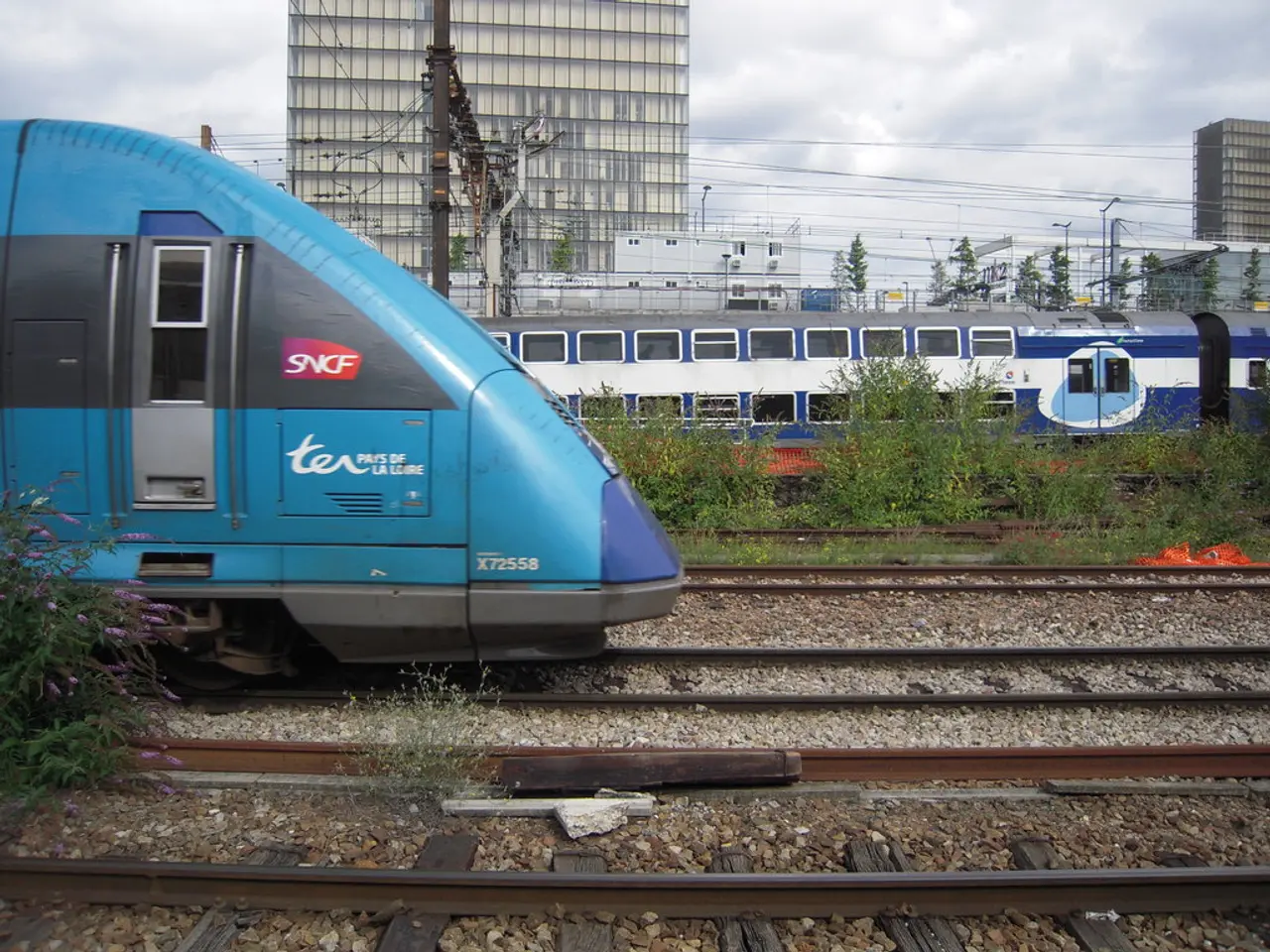 In the picture we can see a train on the track which is blue in color and besides, we can see some...