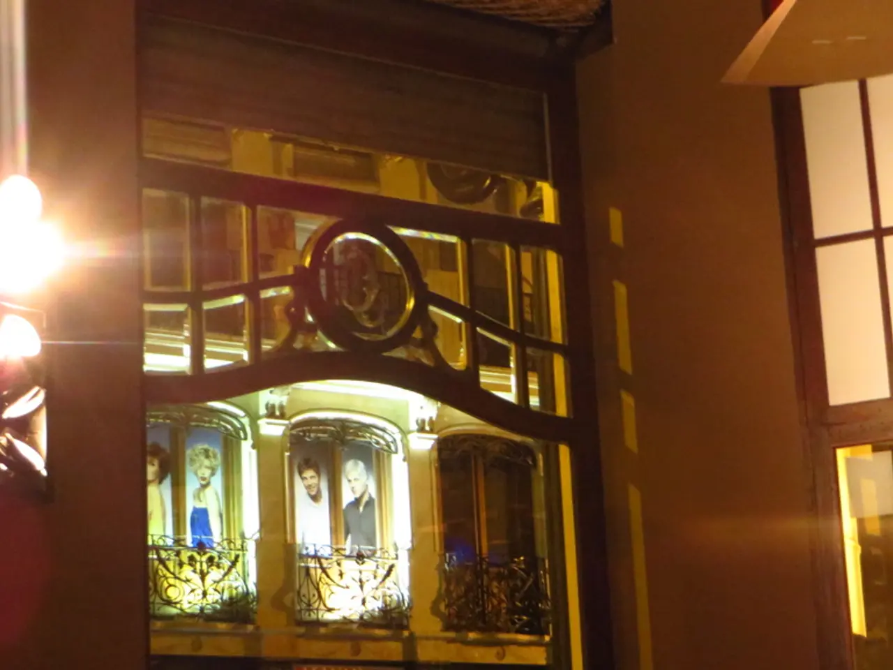 This is the picture of a building to which there are some grills, posters and some lights around.