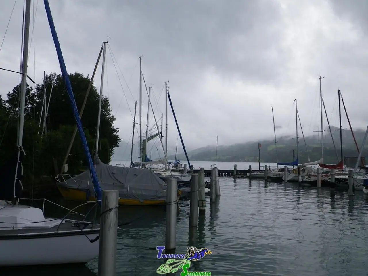 In this image there are a few ships on the river and there are a few rods, in the middle of them...