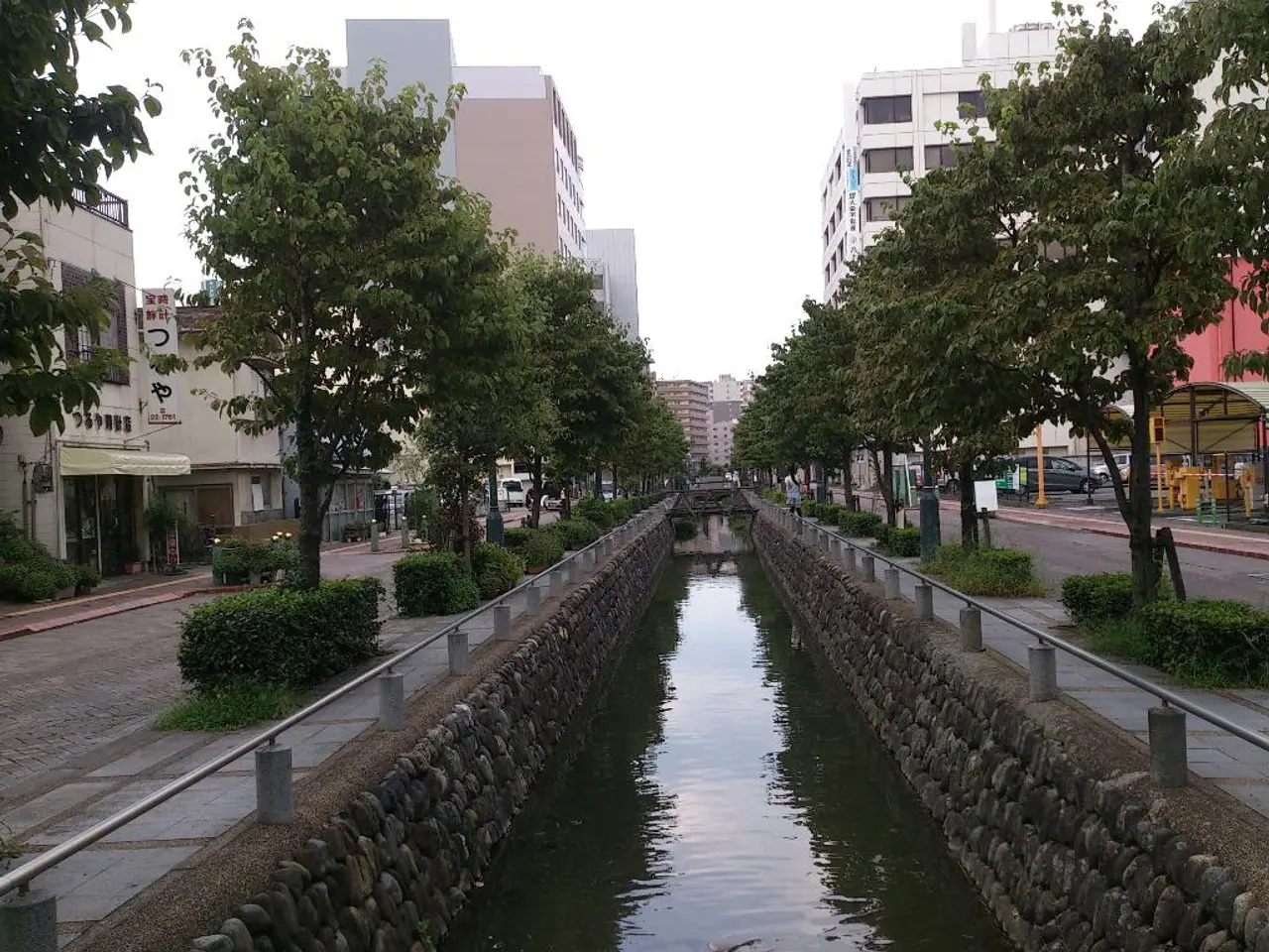 In this image there is a water canal in the center. On the either sides of the image there are...