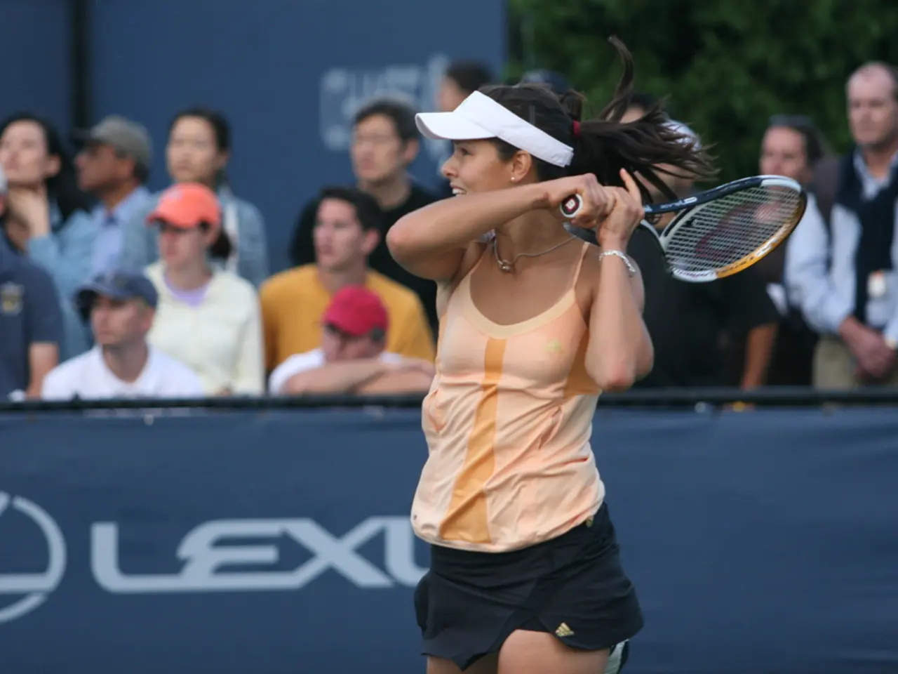 As we can see in the image there are few people standing over here, a banner, tree, and the women...