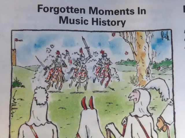 As we can see in the image there is a paper. On paper there is grass, horses, few people siting on...