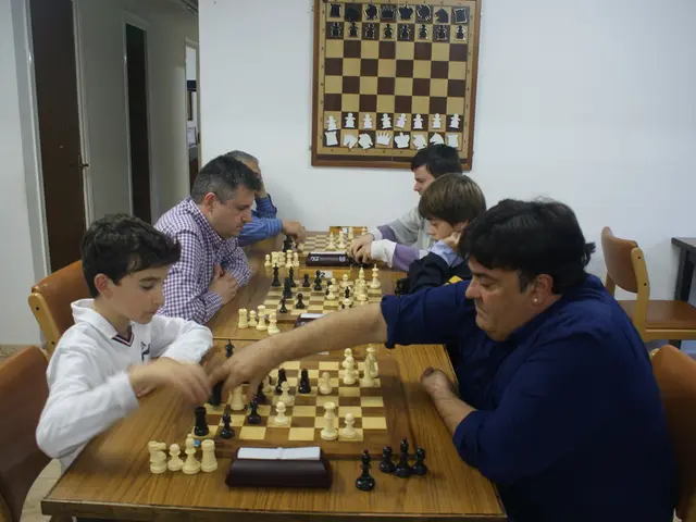 In the middle there is a table on the table there are three chess boards and many chess coins. On...