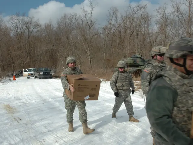 In this image we can see people walking wearing military uniform and walking on snow. In the...