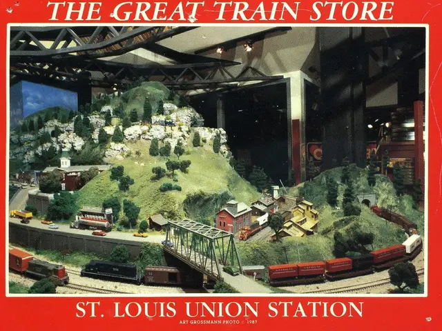 In the image I can see a poster in which there is train, bridge, truss, plants, houses , hills and...