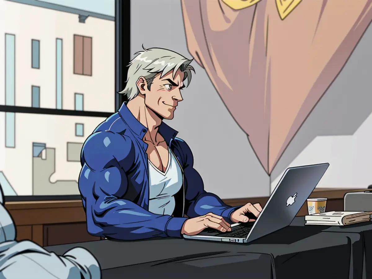 An individual exhibiting a cheerful expression while engaged with a computer.