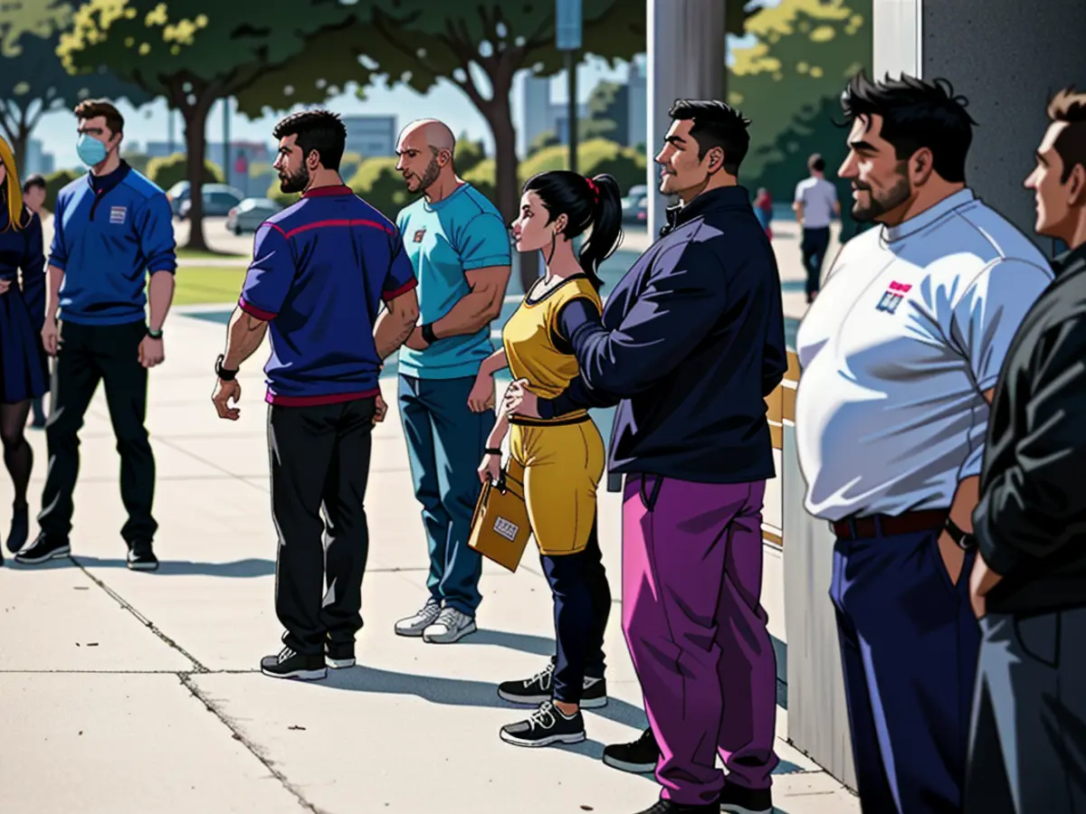 Job seekers queue up for potential job opportunities with SoFi Stadium and Los Angeles International Airport recruiters, at SoFi Stadium on September 9, 2021, in Inglewood, California.