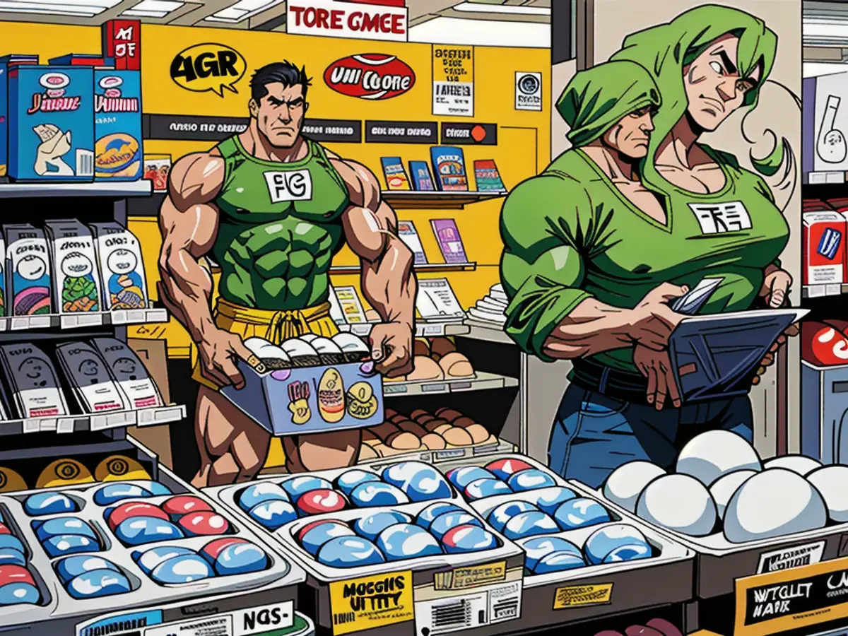 Shoppers seeking eggs at Trader Joe's in a New York establishment are guided by a notice...
