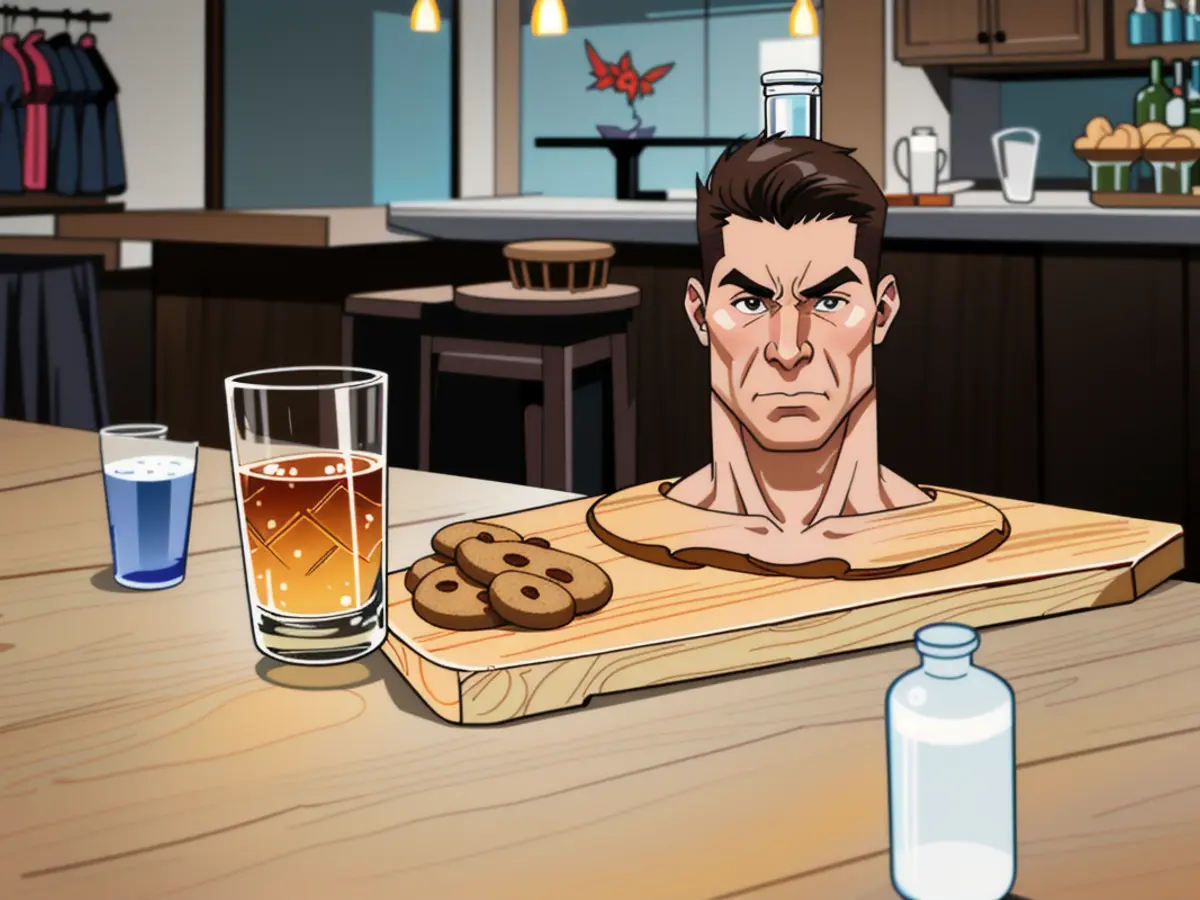 Bar showcases an arrangement featuring a wooden board, a glass of Uncle Nearest, two bottles, and a cookie center atop it, reminiscent of a classic bar setup. Board displays an arrangement of Uncle Nearest, two bottles, and cookies atop a bar, with a glass of the spirit as the centerpiece.
