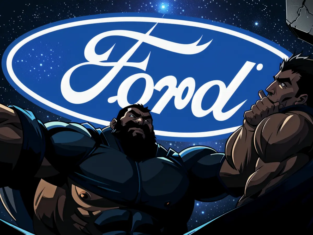 Ford's recognizable radiant blue emblem against a backdrop of hard times at Ford Germany. Image...